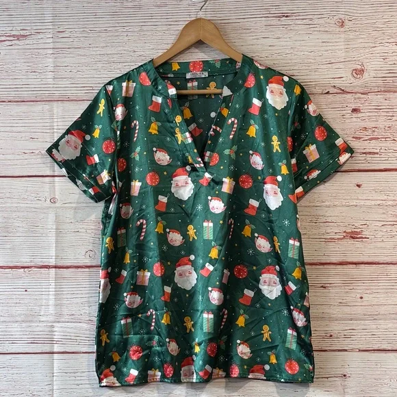 Ekouaer Satin Pajama Set in Green Santa Christmas Print Sz M - Picture 3 of 12